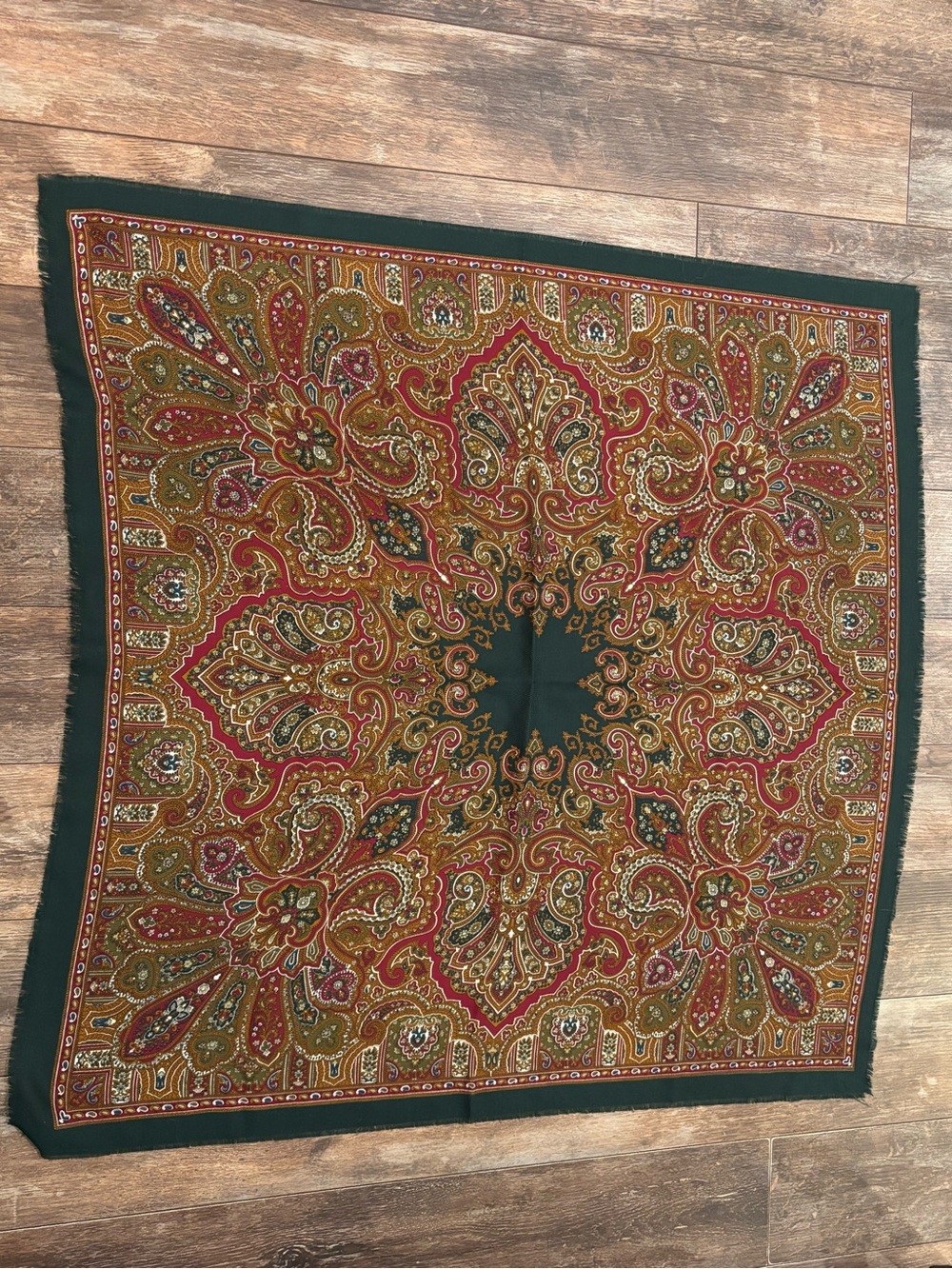 Italian Paisley Square Scarf in Forest Green and Rust